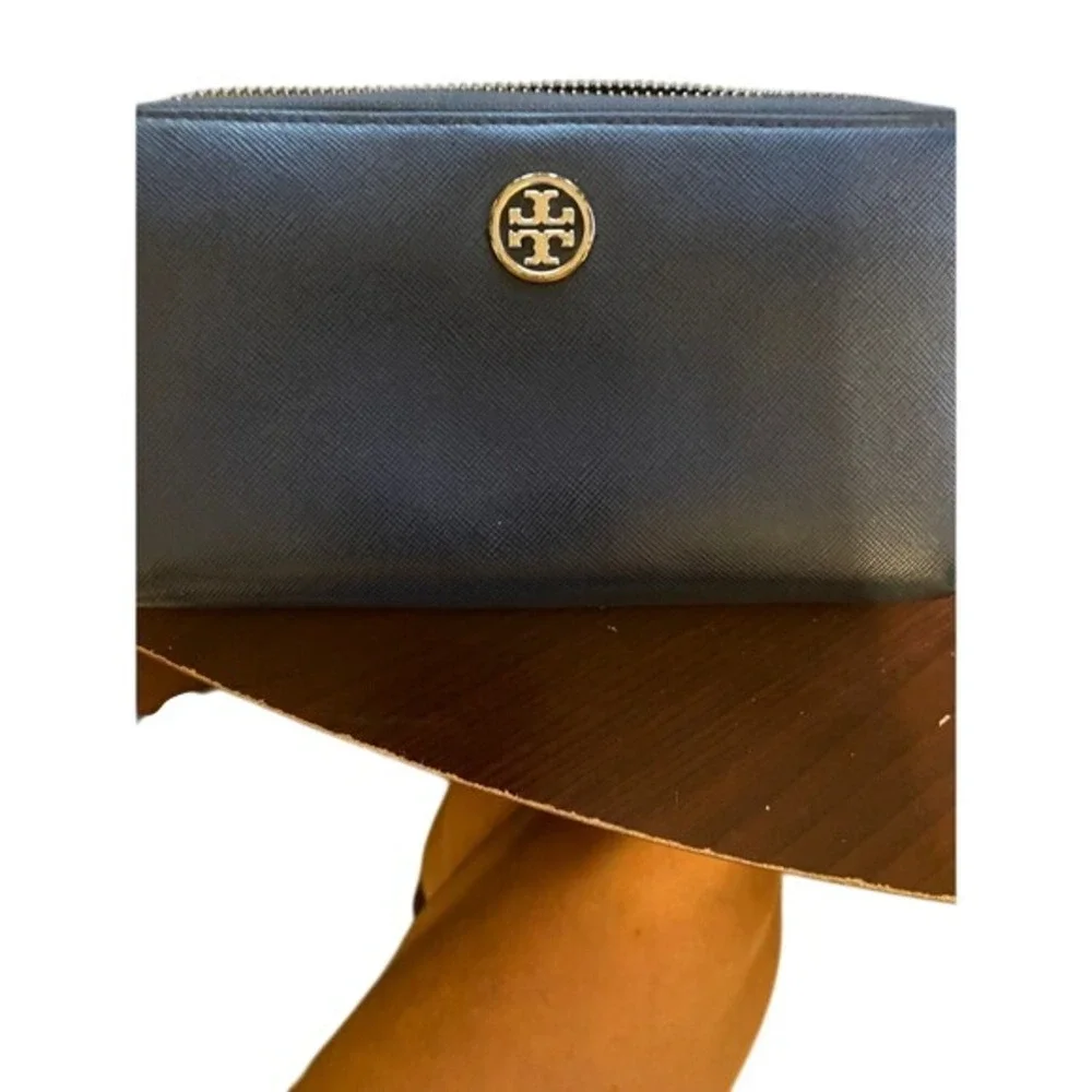 Tory Burch Navy Blue Saffiano Leather Zip Around Continental Wallet